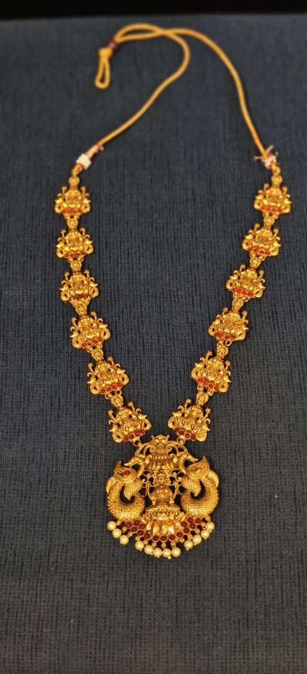 Grand Temple Jewelry Haram with Lakshmi and Peacock Motifs